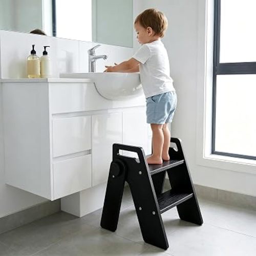 Foldable Wooden Step Stool for Kids,2-Tier Toddler Step Ladder with Handles, Non-Slip Safety Step Stool for the Bathroom Kitchen and Bedroom Nursery,Toddler Stool for Potty Training (Black)