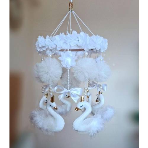 White Swan and Pompoms Baby Mobile Sweet Swan Baby Girl Room Decor Gift For Her Baby Shower and Mom Gift Princess Baby Room Decor New Born