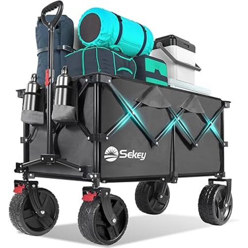 Collapsible Wagon Cart with Big All-Terrain Beach Wheels, Foldable Heavy Duty Wagons with Cup Holders, Utility Carts for Camping, Garden, Outdoor, Grocery, Sports. Grey