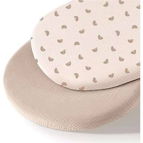 Muslin Bassinet Sheets for Babies – Soft & Breathable 100% Cotton Fitted Sheets for Oval, Rectangle, Hourglass Bassinet Mattress Pads, 2-Pack (Ivory & Pink)