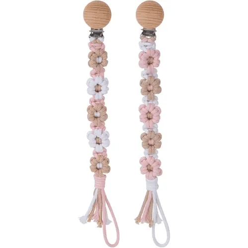 Pacifier Clip for Boys Girls Floral Daisy Macrame Baby Paci Clip Pacifier Holder Leash Boho Wooden Clips Handmade Braided Cotton Binky Clips (2pack:Khaki Style × 2)