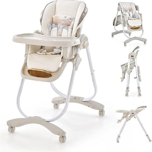HONEY JOY Baby High Chair, Foldable High Chairs for Babies and Toddlers, Adjustable Heights, Recline Backrest & Footrest, Double-Layer Tray & Cushion, Portable Infant Highchair with Wheels (Gray)
