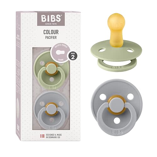 BIBS Pacifiers Colour Collection | Natural Rubber Baby Pacifier | Round Nipple | Set of 2 BPA-Free Soothers | Made in Denmark | 6+ Months (Pack of 2) | Sage/Cloud
