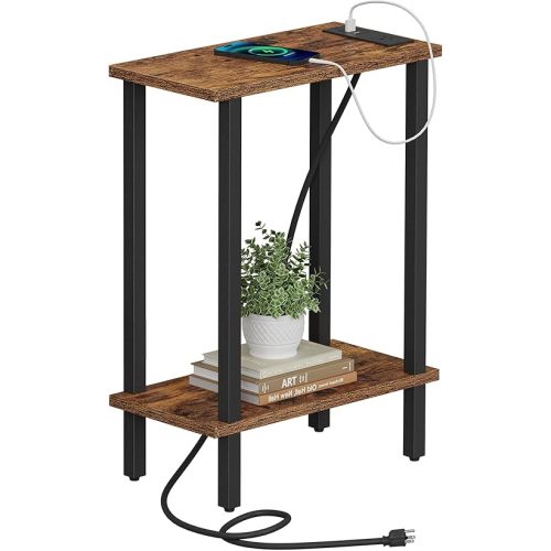 TUTOTAK Small End Table with Charging Station, Narrow Side Table with USB Ports and Outlets, Skinny Sofa Table, Slim Nightstand, Living Room, Bed Room, Brown TB01BB060