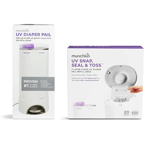 Munchkin® UV Diaper Pail, Kills Odor-Causing Bacteria with Each Use with 20 Additional UV Snap, Seal & Toss Refills