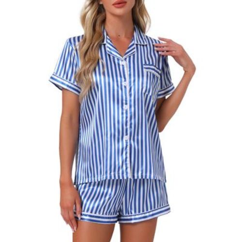 cheibear Women's Stripped Satin Silky 2pcs Pajama Set Button Down Shirt and Shorts Lounge Sleepwear 2025 Blue X-Large