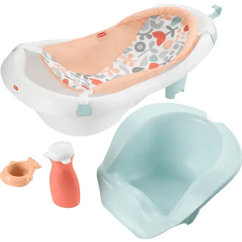Fisher-Price Baby to Toddler Bath 4-in-1 Sling ‘n Seat Tub with Removable Infant Support and 2 Toys, Summer Blossoms