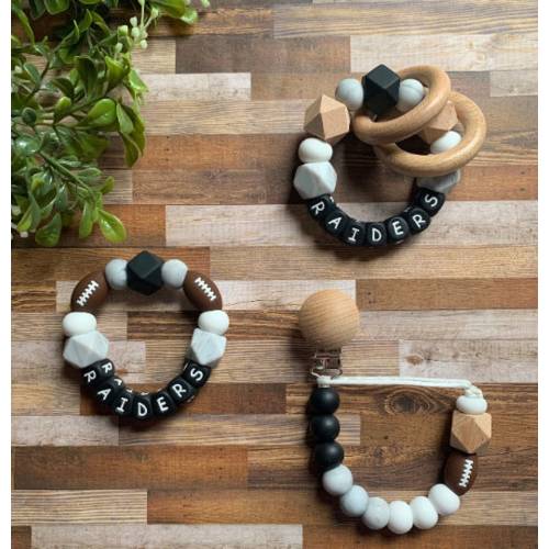 Las Vegas Raiders Toy Collection - Pacifier Clip - Loop Rattle - Go Raiders - Baby Raiders Toy Rattle - Black - Grey - Football - Baby Gift