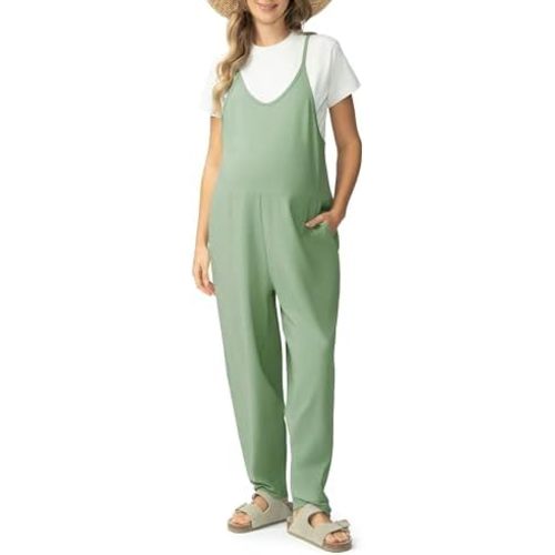 POSHDIVAH Women's Maternity Jumpsuit Pregnancy Casual Romper Spaghetti Strap Tank Top Baggy Pants with Pockets
