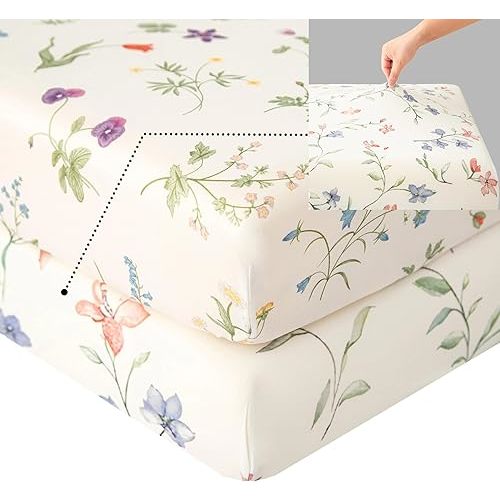 SDIII 2 Pack Colorful Floral Crib Sheets Neutral 52" x 28" x 8", 100% High Elastic Microfiber Jersey Knit, Soft and Breathable, Crib Sheets Floral