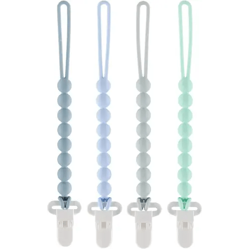 4-Pack Silicone Pacifier Clips with One-Piece Beads for Baby Boys and Girls - Flexible and Rust-Free Holders for Teething Relief and Baby Essentials, Safe for Newborns (Blue)