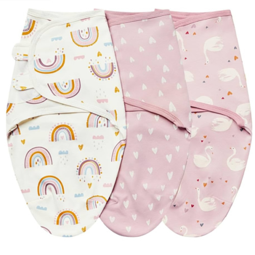 insular Baby Swaddle Sacks, Swaddle Blanket for Newborn and Infant, Adjustable Velcro Set for Boy and Girl, Soft Cotton Baby Sleep Sack 3 Pack, Pink Swan, Medium(3-6 Month)