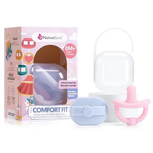 NatureBond Baby Pacifier Soother Silicone Binky Newborn Teether Pacifiers 2 in 1, Curved for Comfort | Hygiene Cover (0-6 Months, Cotton Candy Pink and Macaron Lavender)