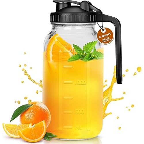 Glass Pitchers with Lid and Handle, 64oz Breast Milk Pitcher, 2 Quart Wide Mouth Mason Jar, Leak-proof Glass Water Pitcher, Creamer Container for Cold Brew, Sun Tea, Juice, Iced Coffee-Black/1 Pack