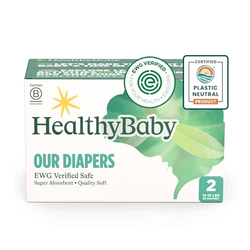 HealthyBaby Our Diapers | EWG Verified Safe & Plant-Based Diapers | Leak Protection | Soft Organic Cotton Shell | Chlorine-Free Diaper for Sensitive Skin | Size 2 (12-18 lbs) 66 Count