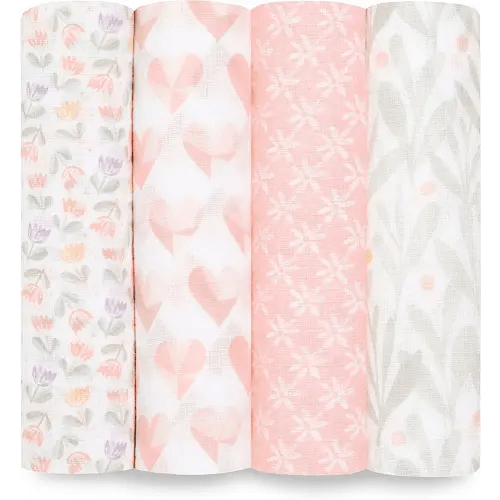 aden + anais Essentials Swaddle Blanket, Boutique Muslin Blankets for Girls & Boys, Baby Receiving Swaddles, Ideal Newborn & Infant Swaddling Set, Perfect Shower Gifts, 4 Pack, Piece of My Heart