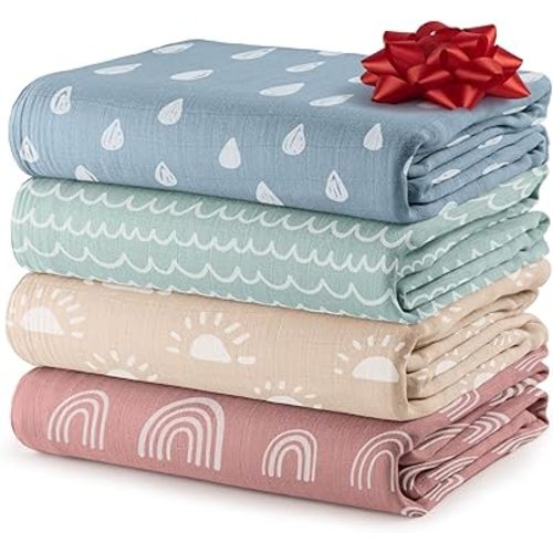 Comfy Cubs Muslin Swaddle Blankets Pack of 4, 47 x 47 Inches, Soft Cotton Baby Blanket Set, Large Multipurpose Swaddling Wraps for Newborns - Self-Soothing Swaddle - Sun, Rainbow, Rain, Doodle