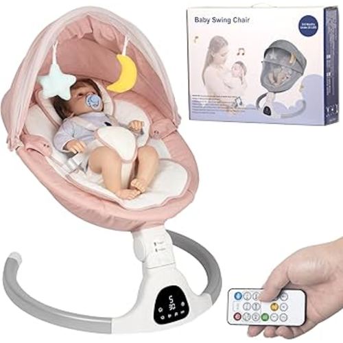 Electric Baby Swing for Infants, with Bluetooth Remote Control Timing Function and 10 Music 5 Swing Speeds 3 Seat Positions Baby Bouncer for Boy Girl Indoor & Outdoor Use (Pink)