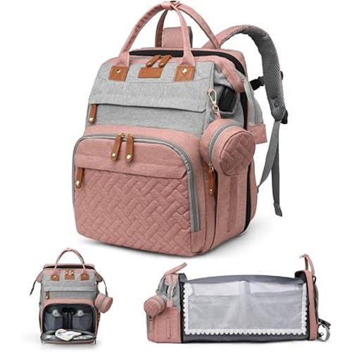 Diaper Bag Backpack, Multifunction Travel Baby Bag, Waterproof Tote Backpack with USB Port, Pacifier Case and Stroller Straps, Newborn Essentials for Moms Dads, Girls, Gray Pink