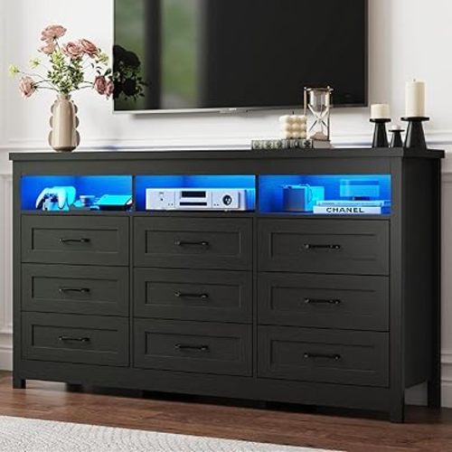 Farmhouse 9 Drawer Dresser with LED Lights, 63" Wide Large Chest of Drawers for Bedroom, Modern Wood Dresser Storage Organizer with Charging Station for Living Room, Bedroom, Hallway, Black