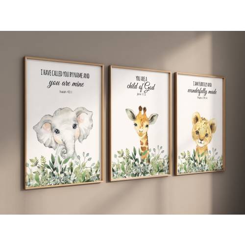 Jungle Animals, Safari Animal Nursery Prints, safari animals, safari nursery, Greenery, gender neutral nursery, verse nursery, bible verse