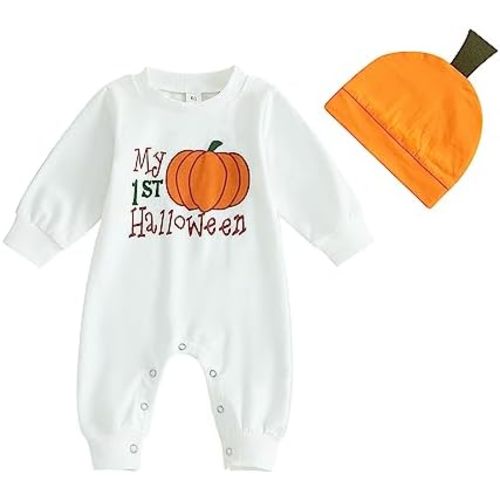 Ledy Champswiin 2Pcs Neutral Outfits Newborn Baby Boy Girl Pumpkin Romper Jumpsuit My 1st Halloween Clothes with Hat