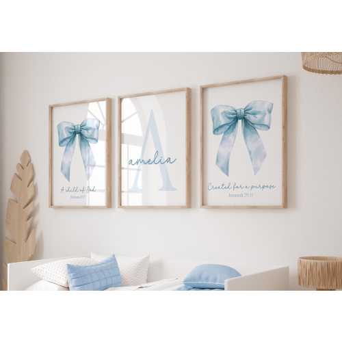 Light Blue Bow Wall Art, Coquette Bow Bible Verse Wall Art, Bible Verse Bow, Blue Christian Wall Art Nursery Set of 3 Prints 422L