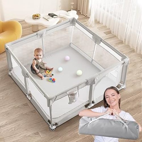 Baby Playpen, 50x50 Inch Playpens for Babies and Toddlers, Play Pen with Carrying Bag, Play Yard for Indoor and Outdoor with Visible Mesh(Light Gray)
