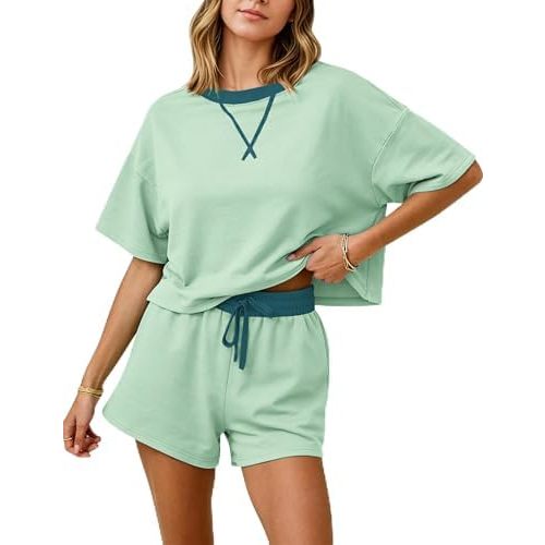 MISSACTIVER Womens Lounge 2 Piece Sets Summer Striped Matching Pajamas Set Short Sleeve Oversized T Shirts Drawstring Shorts