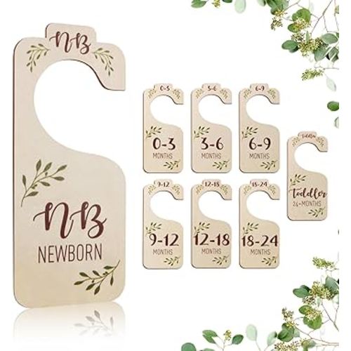 Baby Closet Dividers for Clothes Organizer - 8 PCS Adorable Wooden Double-Sided Baby Clothes Size Hanger Organizer from Newborn to Toddler for Nursery Decor