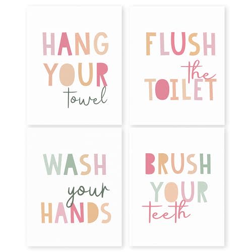 HRQKO Pink Wash Your Hands Wall Art Poster Prints Set of 4,Pink Bathroom Wall Decor, Kids Bathroom Artwork Prints Posters Wall Decor, Pink Bathroom Set Prints for Nursery Bathroom 8”x10” Unframed