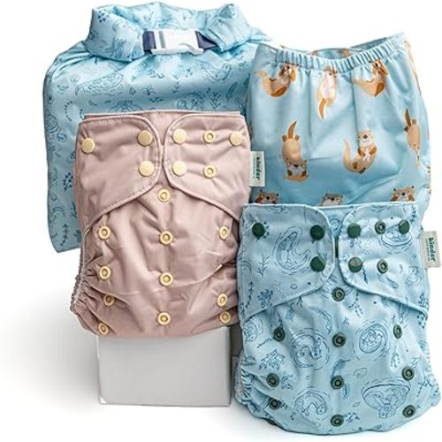 Kinder Cloth Diapers Reusable Baby Diapers Pocket Style Athletic Wicking Jersey, Wet Bag, Newborn to Potty Training 7-60lbs, One Size, Inserts NOT Included (Otterly Sweet, 3 Pack, Without Inserts)