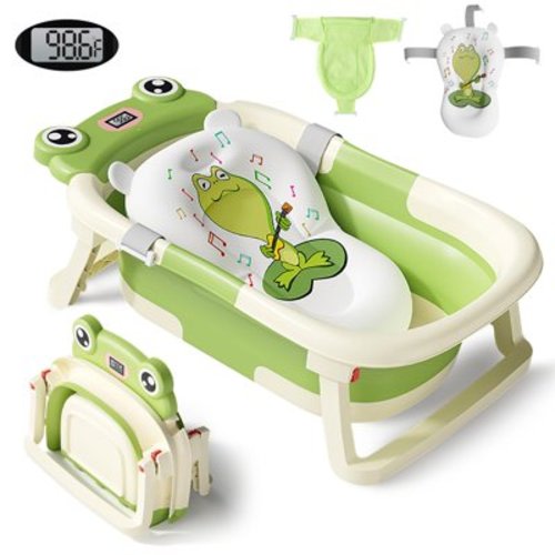 CshidWorld Collapsible Baby Bathtub, Baby Bath Tub with Soft Cushion+Baby Tub Sling & Thermometer, Baby Bathtub Newborn to Toddler 0-36 Months, Portable Travel Baby Tub, Green