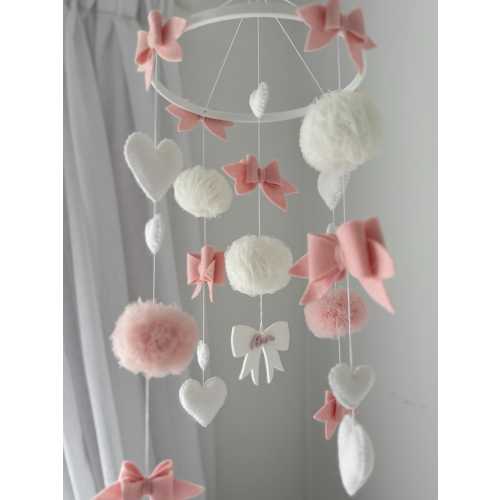 Personalised Pink Bows & White Hearts Baby Mobile, Baby Shower gift. Crib Mobile, Girls Nursery Mobile