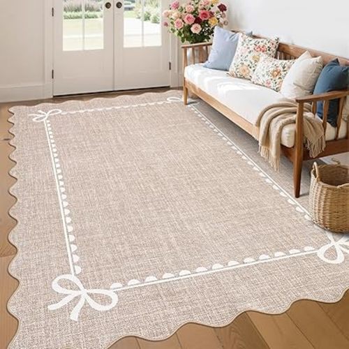 GarveeHome Scalloped Bow Rug for Living Room, Solid Camel Rug for Dorm, Washable Rugs 6x9 Soft Low Pile Non Slip Scalloped Rugs for Nursery College Bedroom Decor Kids Room Playroom