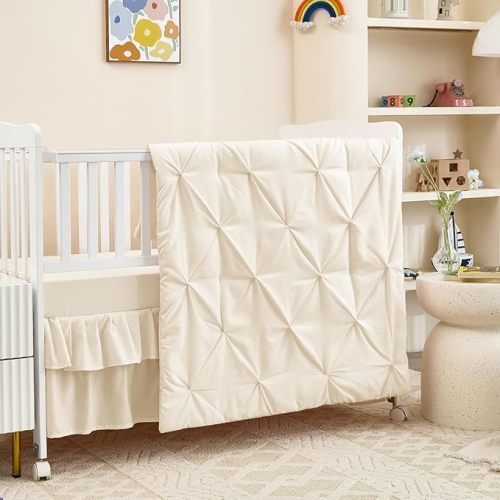 3-Piece Tufted Ruffle Crib Bedding Set for Girls - Ultra Soft Baby Bedding Set Includes Boho Crib Comforter, Sheet & Skirt (Beige)