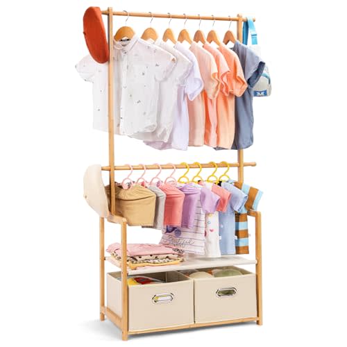 Vilaxing Kids Clothing Rack Bamboo with 2 Storage Baskets and 2 Adjustable Hanging Rods,Child Garment Holder with Shelf, Dress up Racks for Playroom,Toddlers Bedroom (Natural)