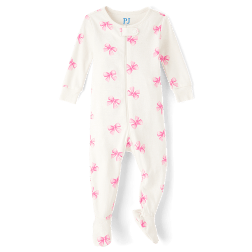 Baby And Toddler Girls Bow Snug Fit Cotton Footed One Piece Pajamas - White