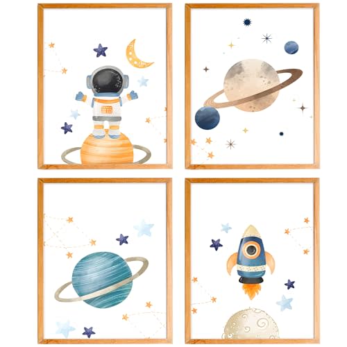 BearCake Space Wall Decor, Space Decor for Boys Room, Solar System Spaceman Outer Space Poster Prints Wall Art Decor for Classroom,Toddler Boy Room Decor, 8x10 Inches Set of 4 Unframed