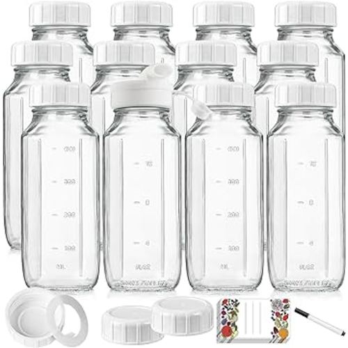 12 Pack 16 Oz Square Glass Beverages Drinking Jars w 100% Airtight Heavy Duty SCREW Lid w Silicone Gasket - Glass Juice Bottle w Capacity Mark - Reusable Milk Bottle Juice Container(Extra 2 Lid)