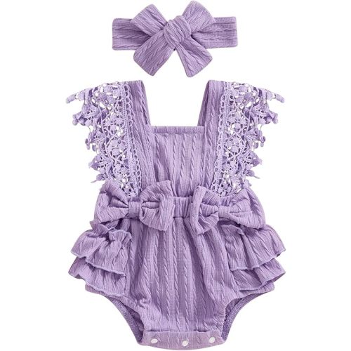 Newborn Baby Girl Lace Romper Ruffle Sleeveless Backless One Piece Jumpsuit Bodysuit with Headband Summer Clothes