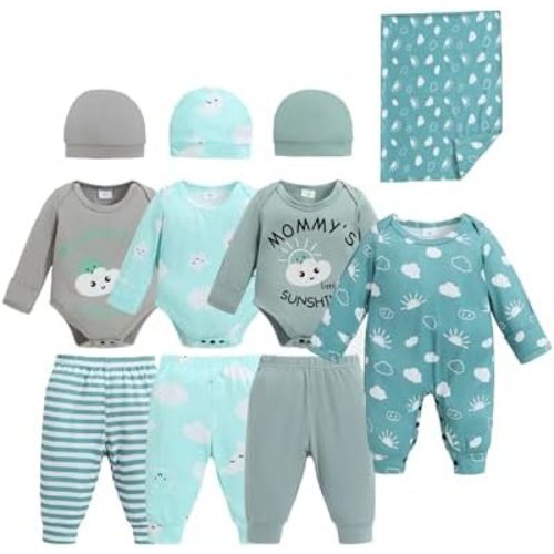 Renotemy Newborn Baby Boy Clothes Essentials 11-Piece Layette Set with Bodysuits, Pants, Hats, Blanket-Infant Unisex Outfit