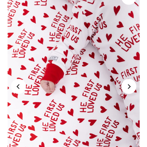 He First Loved Us Red PJ Footed Onesie Cotton