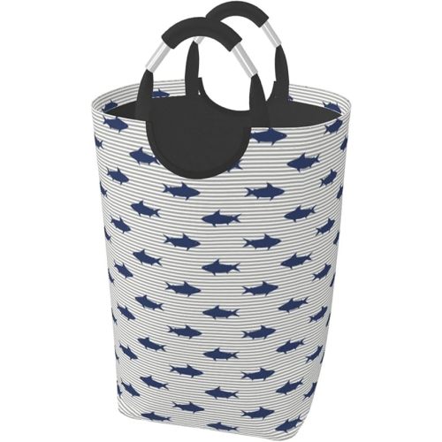 Cute Shark Laundry Basket Ocean Fish Laundry Hamper Funny Collapsible Laundry Baskets with Handle Blue Laundry Bag Dirty Clothes Hamper for Dorm Family Bathroom Decor Storage 50L