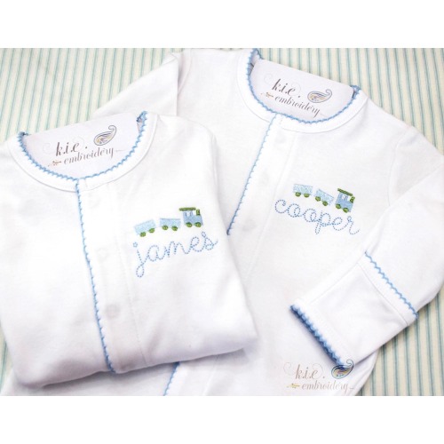 Monogrammed  Baby Boy Footie: Personalized, Embroidered Train, Blue Picot Trim, Coming Home Outfit, Gift