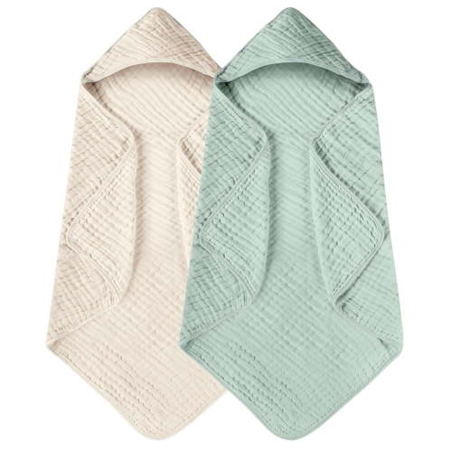 Hooded Baby Towels for Newborn 2 Pack 100% Muslin Cotton Baby Bath Towel with Hood for Babies, Infant, Toddler and Kids, Large 32x32Inch, Soft and Absorbent Newborn Essential