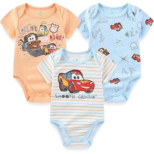 Disney Baby Toy Story Mickey Mouse Cars Winnie the Pooh Boys 3 Pack Bodysuit Creeper for Newborn and Infant