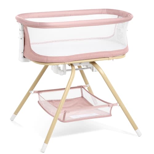 ANGELBLISS 3 in 1 Baby Bassinet, Rocking Bassinets Bedside Sleeper with Calming Motion, Portable Nest for Newborn Infant, Breathable Mesh (Pink)
