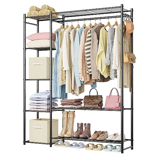 Wardrobe Closet,Portable Clothes Rack with 4 Tiers Shelves,Freestanding Closet Organizers and Storage System with Hanging Rods,Steel Clothing Rack Suitable for Cloakrooms,Bedrooms,Entrances,etc.Black