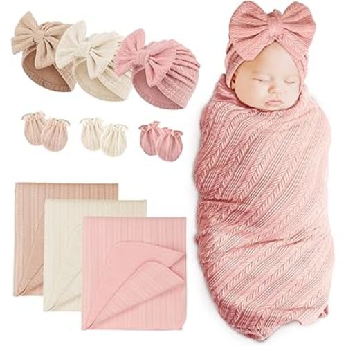 DRESHOW BQUBO Newborn Receiving Blanket Hat Mittens Set for Baby, Unisex Baby Boys Girls Essentials, Newborn Registry Must Haves, Stroller Crib Shower Gifts